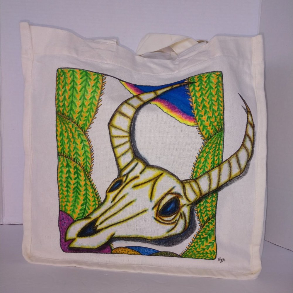 Hand-Painted Cow Skull Tote Bag: Desert Cactus Scene 14x13x7 - Picture 6 of 16